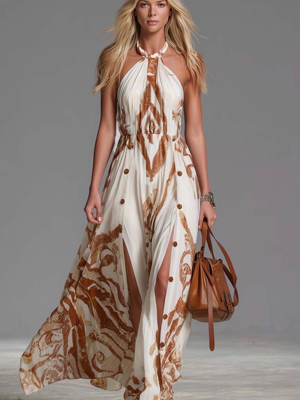 Boho Halter Maxi Dress in Ivory and Brown